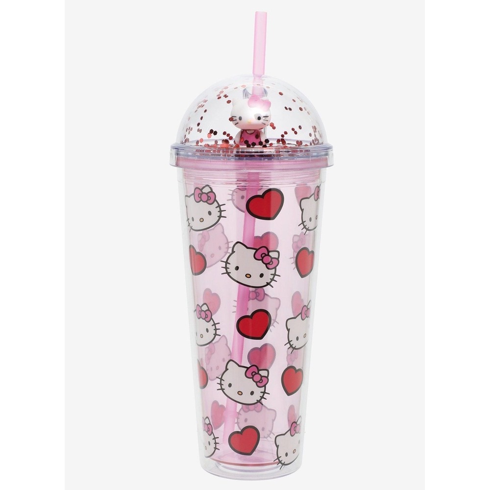Hello Kitty Heart Glitter Dome‎ Acrylic Travel Cup with Straw Pink New